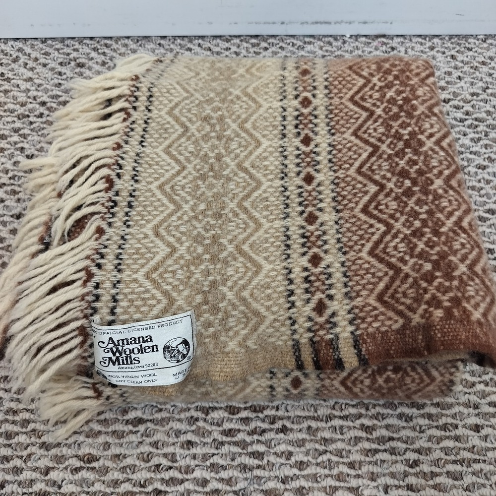 Vintage Amana Woolen Mills 100% Wool Throw Blanket 54x50" Brown Southwest Aztec